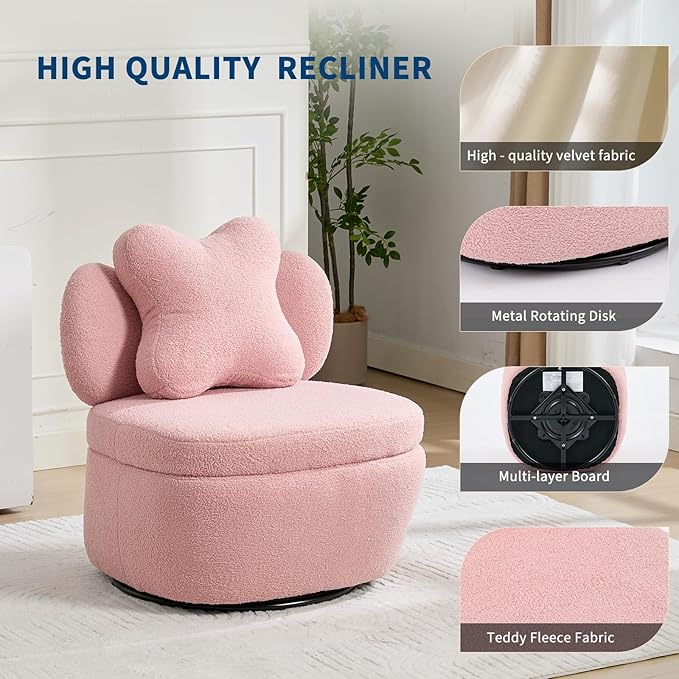 Teddy Velvet 360° Swivel Accent Chair with Storage Comfy Upholstered Barrel Chair Star Pillow Single Sofa for Living Room Bedroom Small Spaces Pink