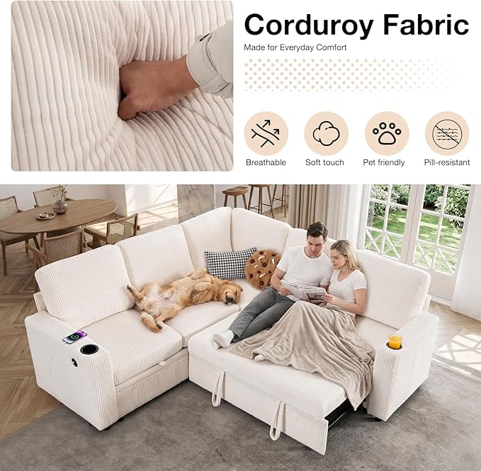 83 Sleeper Couch with Pull Out Sofa Bed 5-Seater Sectional Couches for Living Room L-Shaped Couch with Storage USB Port &amp Cup Holder Corduroy Convertible Corner Sofa for Apartment