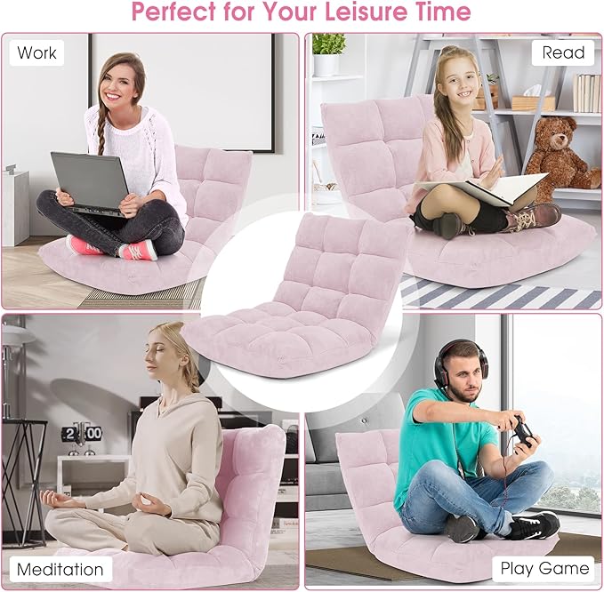 Giantex Floor Chair with Back Support 14 Adjustable Position Padded Sleeper Bed Couch Recliner Gaming Floor Chairs for Meditation Adults Living Room Gaming Chair Floor Light Pink