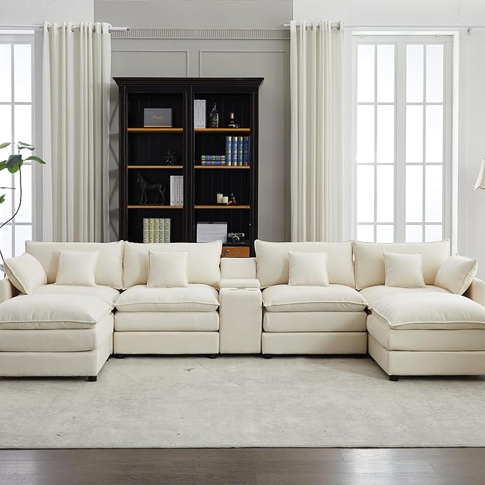 Modular Sectional Sofa 144'' U Shaped Cloud Couch Upholstered Sofa Set with Storage Console &amp Cupholders &amp USB Port Comfy Recliner Sleeper Sofa Furniture with Ottoman for LivingRoom Beige