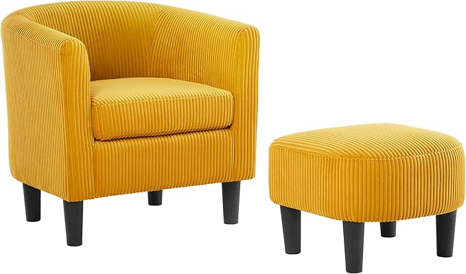 Modern Accent ChairUpholstered Arm Chair Corduroy Single Sofa Chair with Ottoman Foot Rest Comfy Armchair for Living Room Bedroom and OfficeYellow SZ170