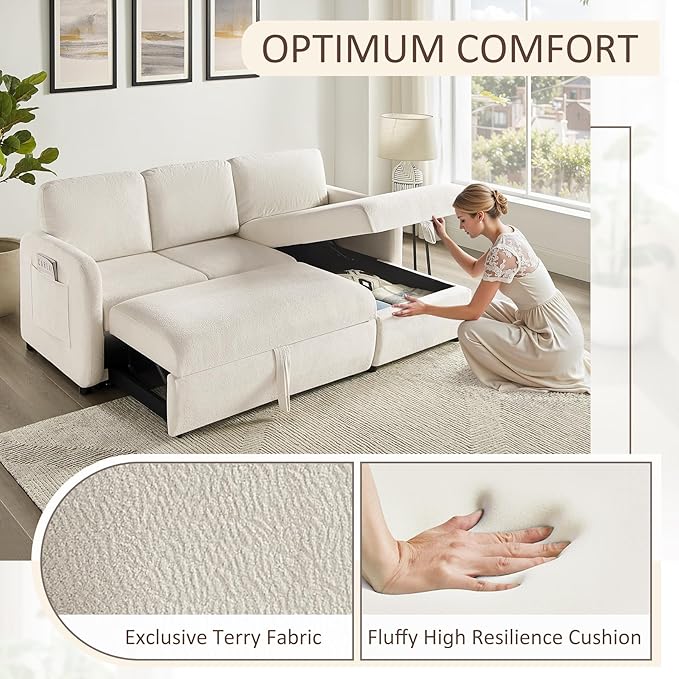 84-inch Sleeper Sofa Bed L-Shaped Corner Reversible Sleeper Sectional Sofa with Storage Chaise 2 in 1 Cloud Terry Convertible Pull Out Couch for Small Space Bedroom Apartment Office Living Room
