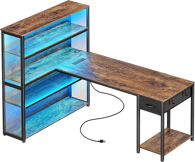 PRAISUN 57 Inch L Shaped Gaming Computer Desk with Larger Open Cabinet Reverisble Office Desk with Power Outlets LED Lights Work Desk Fabric Drawer Adjustable Wood and Mesh Shelf Rustic Brown