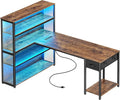 PRAISUN 57 Inch L Shaped Gaming Computer Desk with Larger Open Cabinet Reverisble Office Desk with Power Outlets LED Lights Work Desk Fabric Drawer Adjustable Wood and Mesh Shelf Rustic Brown