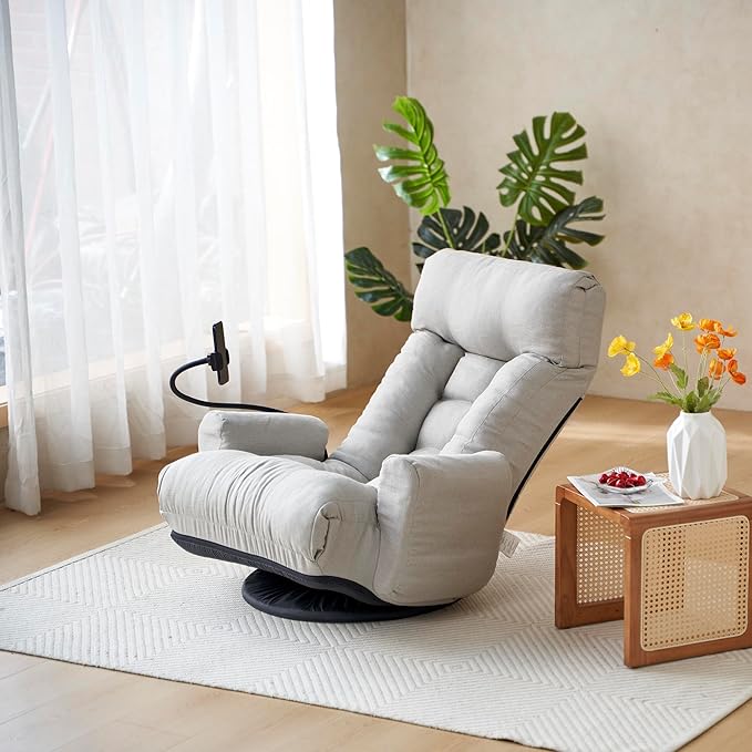 Gwen Upholstered 360° Swivel Chair Lounge Chair with Adjustable Backrest/Headrest Metal Frame Living Room Lounge Sofa and Phone Holder Comfy Bean Bag Chair Gray