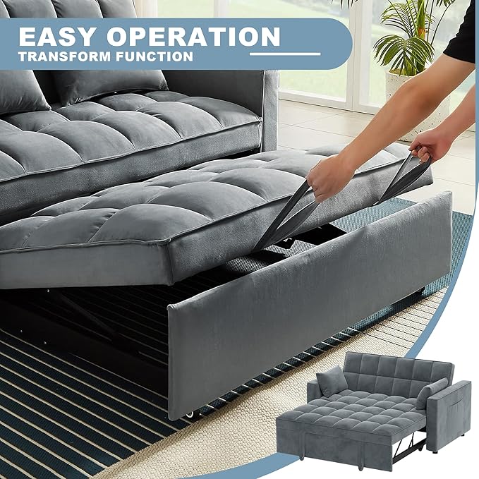 Sleeper Sofa Couch Bed 55.9'' Convertible Velvet Loveseat 3 in 1 Pull Out Sofa Bed with Toss Pillows Pockets Furniture for Living Room Gray