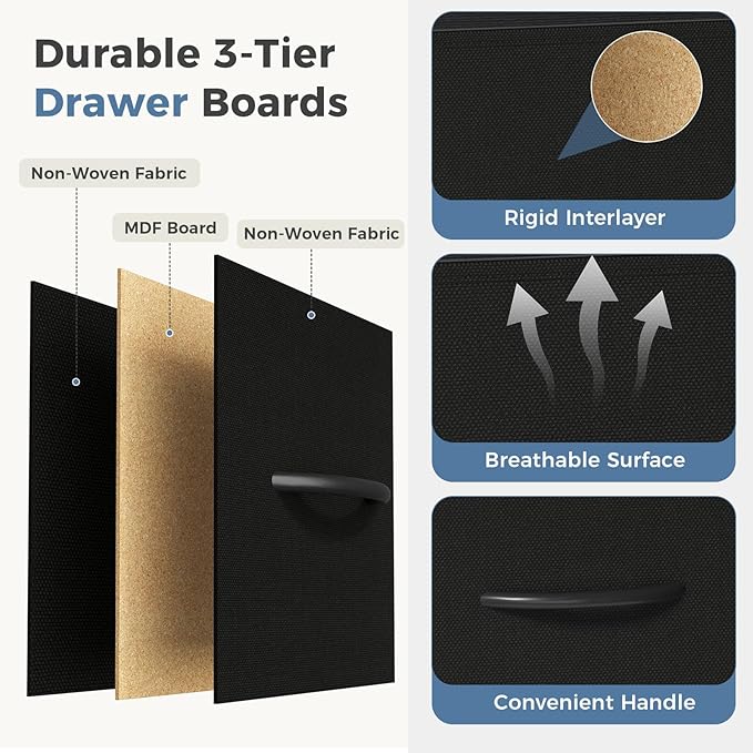 DUMOS 5-Drawer Chest of Drawers with Raised Shelf Storage Tower with Fabric Bins for Closet Organization Hallway Storage Black
