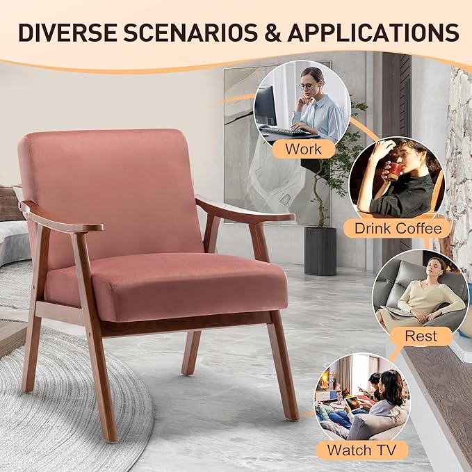 Mid Century Modern Accent Chairs with Solid Wood Frame Comfortable Accent Chair with Arms for Living Room or Bedroom Pink