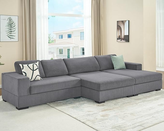 AMERLIFE 137 Inch Oversized Sectional Sofa Large Double Chaise Couch Comfy Sofa Couch with Right Chaise Grey Corduroy Sofa