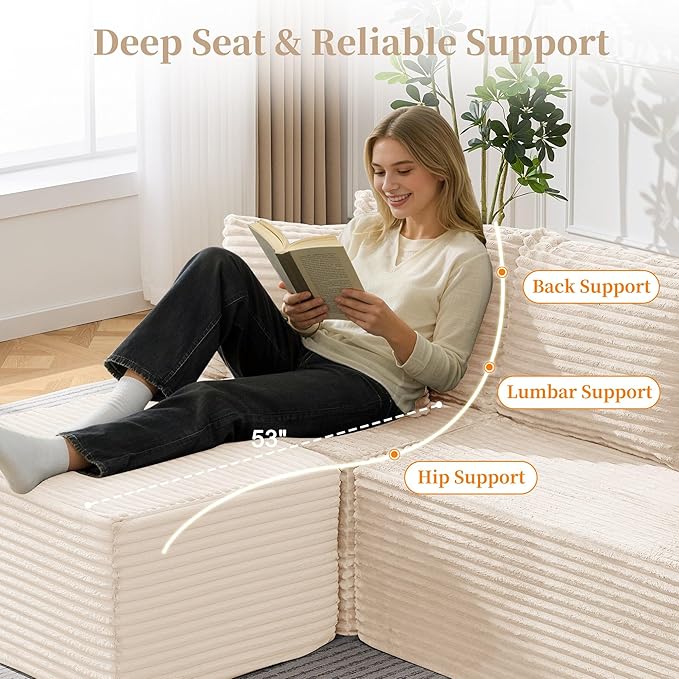 80 Cloud Modular Sectional Sofa with L-Shaped Boneless Couches for Living Room Fluffy Comfy Corduroy Deep Seat with Ottoman Bedroom Apartment No Assembly Required