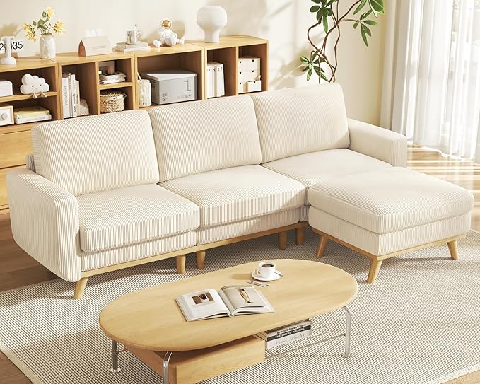 97 Beige Corduroy Modular Sectional Sofa L-Shaped Couch with Movable Ottoman &amp Spring Cushion Deep Seat Modular Sofa for Living Room Bedroom Apartment