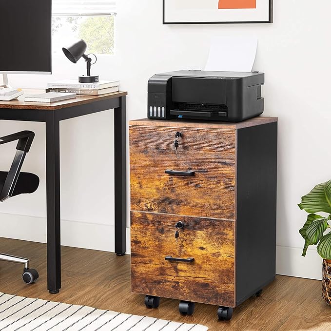 Brown Rolling Drawer Cabinet Office Drawers 2 Drawer Unit Chest of Drawers Wood Storage Cabinet with Drawers Rolling Printer Stand with Drawers Filing Cabinets for Home Office 40 x 40 x 66CM