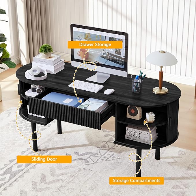 ORRD Home Office Oval Desk with Sliding Tambour Door and Drawer Modern Fluted Wood Executive Computer Storage Desk for Study Living Room Bedroom Office - Black