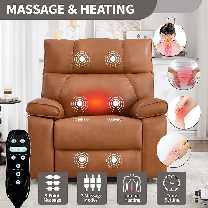 Oversized Power Lift Recliner Chair for Elderly Dual Motor Lift Chair with Vibration Massage &amp Lumbar Heating Standing Assistance Recliner with Cup Holders for Living Room - Faux Leather Orange