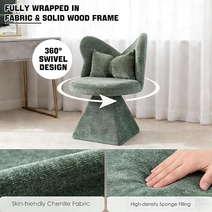 KEIKI Chenille Vanity Chair with Butterfly Back 360° Swivel Armless Accent Chair Upholstered Single Sofa for Living Room Bedroom Dining Vanity Green