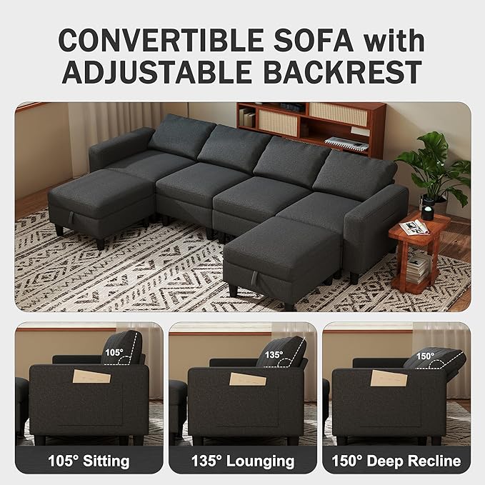 Modular Sectional Sofa 110 Modular Couch with Storage &amp Adjustable Backrest 6-Seat Convertible Sectional Couches for Living Room Modern U-Shaped Comfy Couch