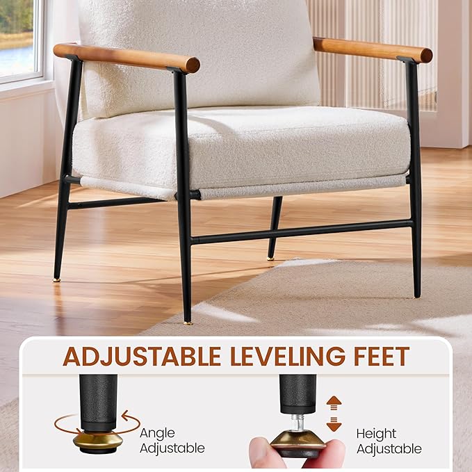 Yaheetech Accent Chair Modern Vanity Chair Boucle Fabric Lounge Chair with Metal Frame Plush Back Pillow and Seat Cushion Pocket Coil Seat for Living Room Bedroom Makeup Room Ivory
