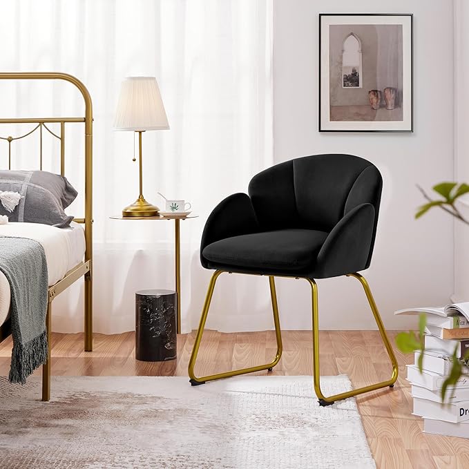 Yaheetech Modern Velvet Armchair Flower Shaped Makeup Chair Vanity Chair with Golden Metal Legs for Living Room/Makeup Room/Bedroom/Home Office/Kitchen Black