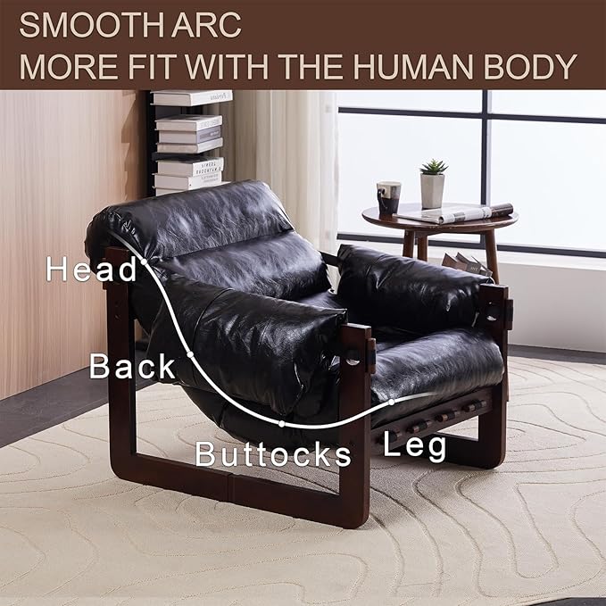 Mid-Century Modern Lounge Accent Chair Oil Waxed Leather Comfy Armchair with Thicked Cushion &amp Removable Armrests Upholstered Cozy Sofa Chairs for Living Room Bedroom Apartment Offices(Black)