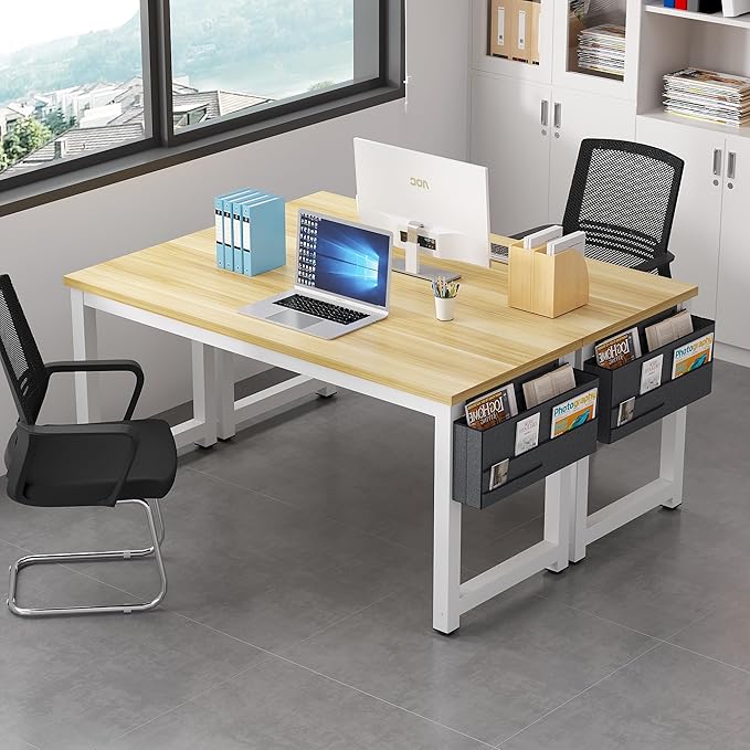 Large Computer Desk - 63 Inch Home Office Desks Study Student Writing Table Gaming Desk Wood Modern Simple Table with Storage Bag &amp Headphone Hooks Rustic White