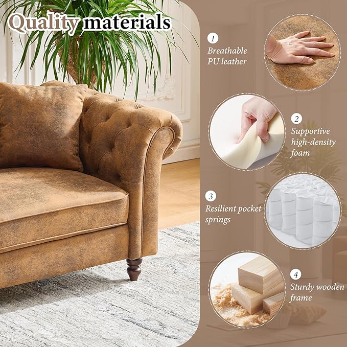 TTK 79 Chesterfield Faux Leather Sofa Couch Upholstered Tufted Rolled Arm 3-Seater Couch with 2 Pillows Mid Century Modern Chesterfield Sofa for Living Room Office Apartment Brown | Button Tufte