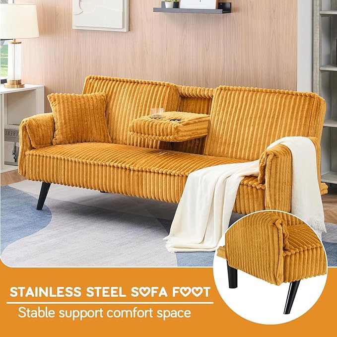 Convertible Folding Futon Sofa Bed with Metal Legs &amp 2 Cupholders Modern New Upholstered Couch Loveseat Sleeper Folding Couches Bed Removable Armrests for Small Spaces (Orange New)