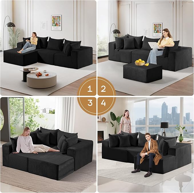 104 Cloud Couch Sectional L Shaped Boneless Couches for Living Room Corduroy Modern Modular Sectional Sofa No Assembly Required (Black L-Shaped)