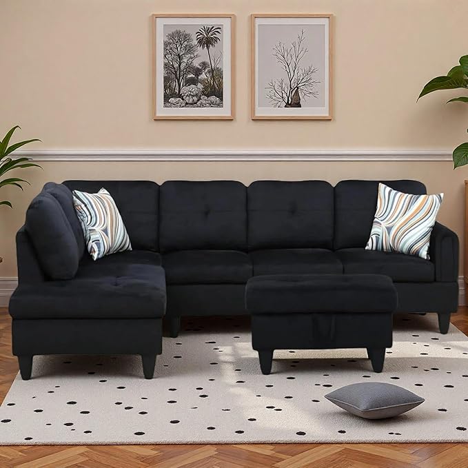 L-Shaped Sectional Sofa with Movable Chaise &amp Storage Ottoman Lounge 3-Piece Modular Convertible Couches for Living Room Apartment &amp Office Black