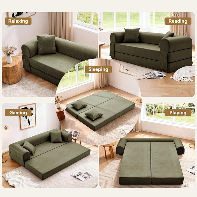 Convertible Folding Sofa Bed78.5 Inch Faux Leather Futon Couch with Pillows &amp Storage Pocket5-in-1 Queen Sleeper Sofa in a Box with Pull Out BedBoneless Couch for Living Room BedroomGreen