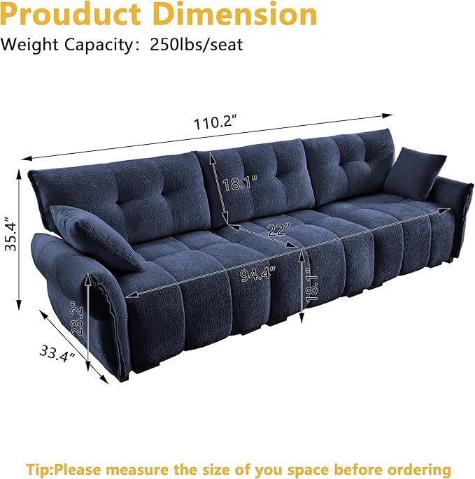 mikibama Oversized Modular Sectional Sofa110 Chenille 3-Seat CouchModern 3 Seater Sofas for Living RoomComfy Large Couches with Deep Seat for Apartment(Blue)