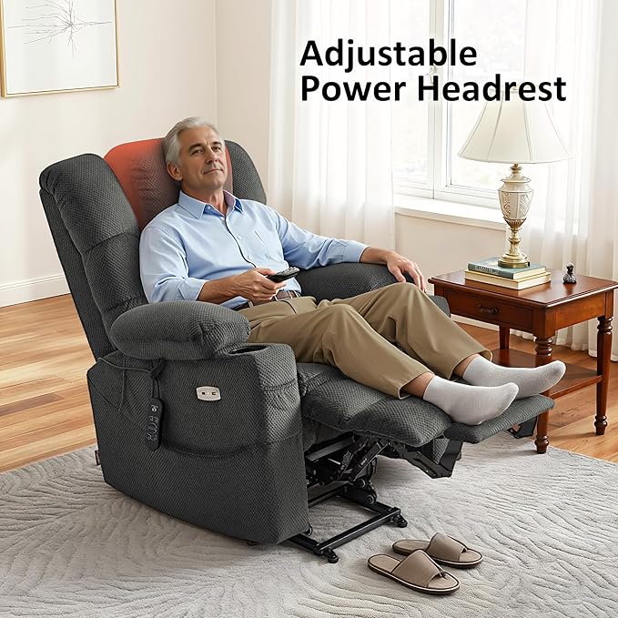 MCombo Large Triple Motor Power Lift Recliner Chair with Massage and Dual Heating Adjustable Headrest for Tall Elderly People Fabric 7634 (Grey Large)