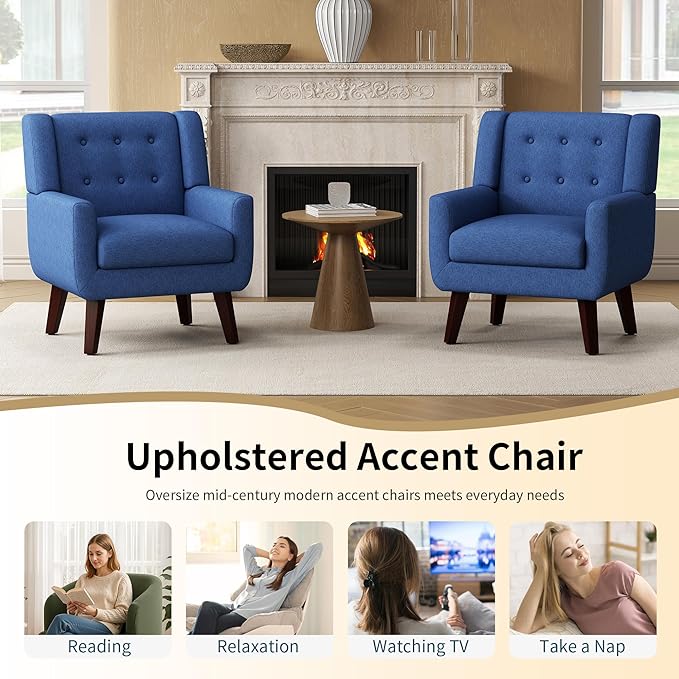 Linen Fabric Living Room Chairs Accent Chair Mid Century Modern Armchair for Living Room Bedroom Button Tufted Upholstered Comfy Reading SofasVanity Chair (2 Navy)