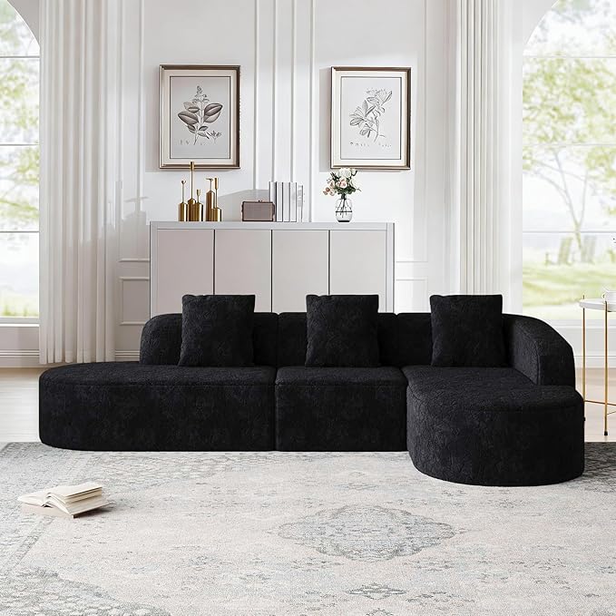 Oversized Sectional Sofa with Right Chaise 111 Modern Luxury Lychee-Textured Long-Pile Extra Wide Seat L-Shape Curved Cloud Boneless Couch for Living Room Apartmen No Assembly Black