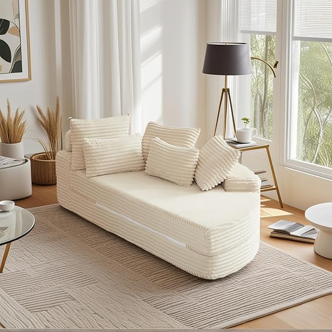 78.5 Beige Corduroy Boneless Right-Side Half Round Oversized Sofa Converts into Recliners Sofa Bed Convertible Lounge Chair Neck Pillow Design with Five Throw Pillows