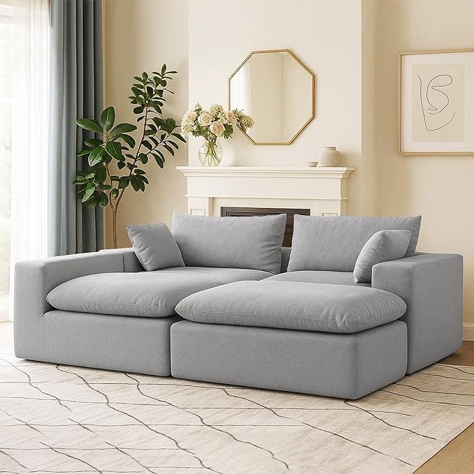91.34 No Assembly Required Sectional Couch Modern 6-Piece Frameless Modular Sofa with Ottoman Deep Seat Cloud Couches for Living Room Oversized Chenille Comfy Sofa Gray