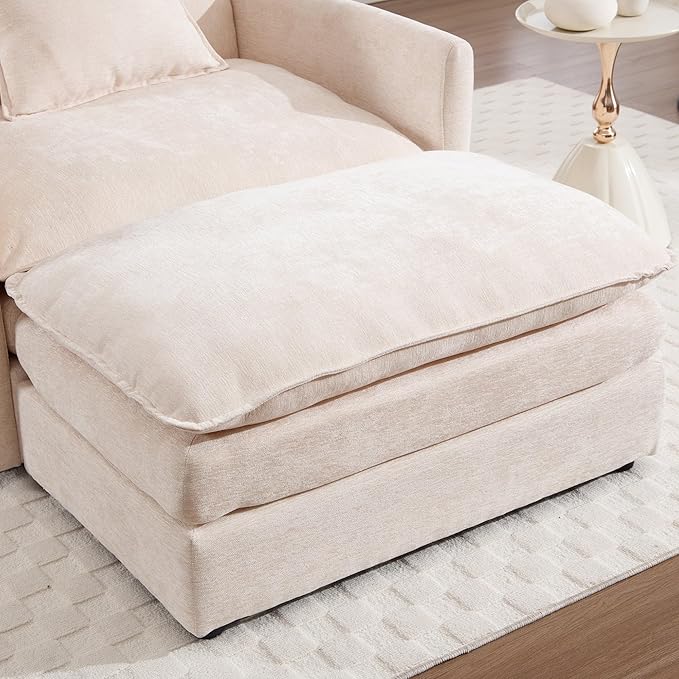 Oversized Accent Chair with Ottoman Beige Chenille Modern Cloud Chaise Lounge Chair Indoor with Deep Seat Upholstered Comfy Armchair Reading Chair for Bedroom Living Room Apartment