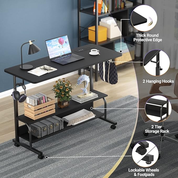 Armocity Rolling Standing Desk with Power Outlets 39 Manual Height Adjustable Mobile Computer Desk with Wheels Small Portable Sit Stand Laptop Couch Table for Bed &amp Sofa Home Office Black