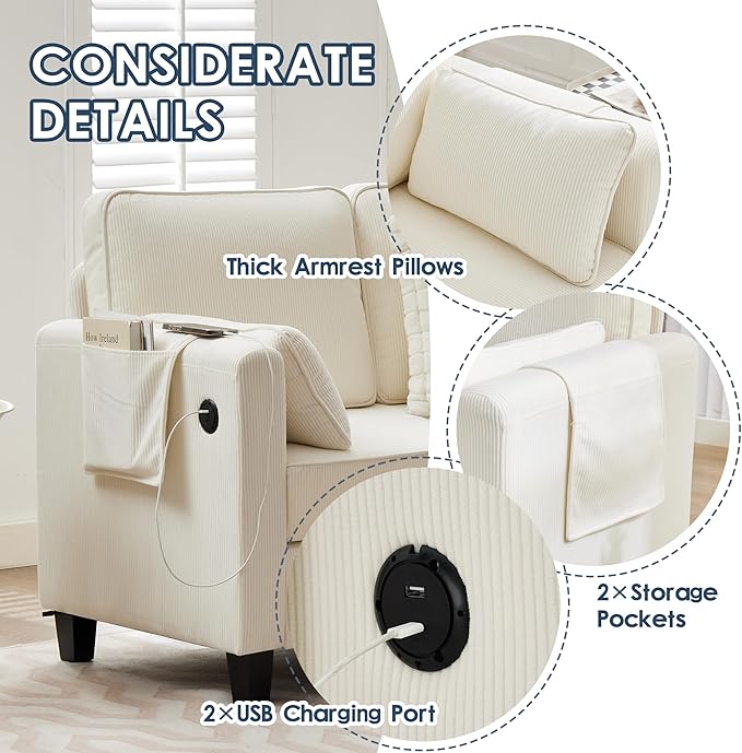 Convertible Sectional Sofa Couches for Living Room with Movable Ottoman 3 Seat 80 L Shaped Sofa with USB Ports&amp2 Pockets Corduroy Fabric Sofa Recliner for Apartment Small Place (White)