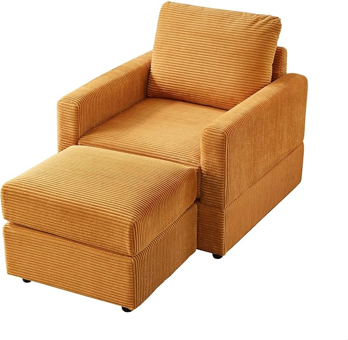 GDFStudio 32 Single Seat Sofa Couch Corduroy Comfy Deep Seat Sofa Sleeper Sofa Bed Chaise Couch Chair with Ottoman Removable Footrest Oversized Armchair for Living Room Orange