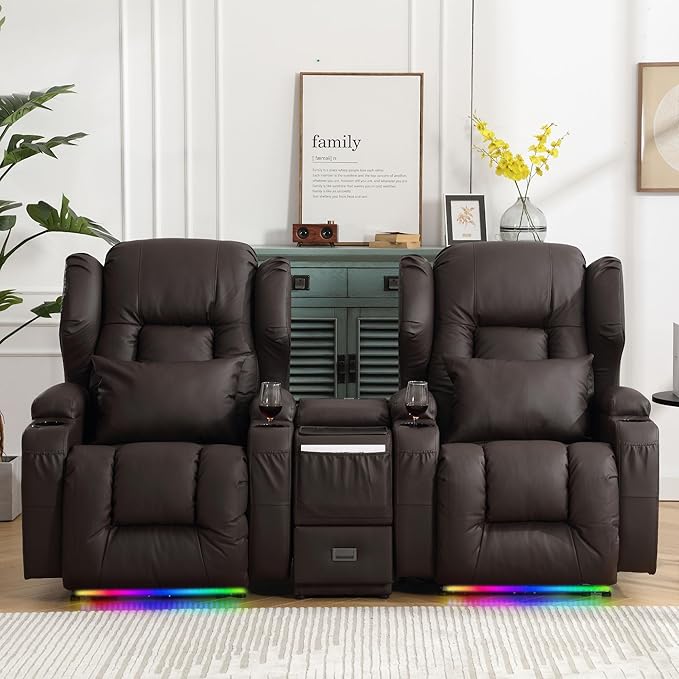 DRMBOOK Power Recliner Chair Electric Wall Hugger Reclining Sofa with Massage &amp Heat Overstuffed Theater Seating with LED/USB Port/Cup Holders for Living Room (Leather Brown 2 Chairs)