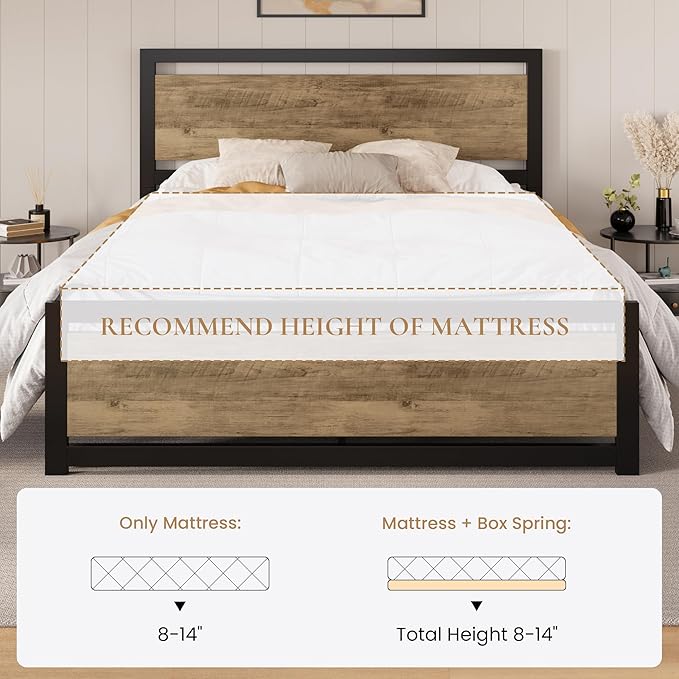 SHA CERLIN Queen Size Bed Frame with Modern Headboard Heavy Duty Platform Metal Base with Square Footboard and 13 Strong Slats Support No Box Spring Needed Brown
