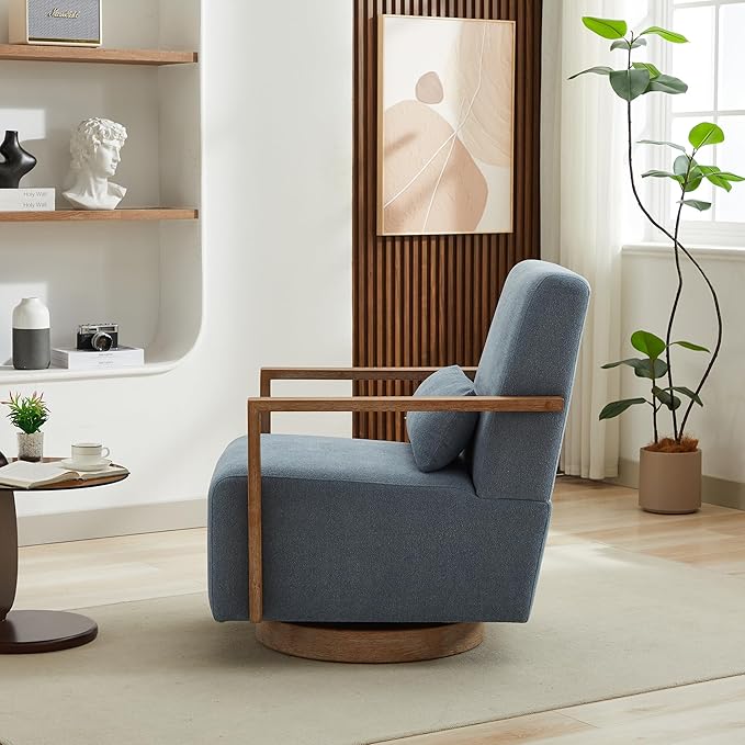 30.3 W Swivel Accent Chair with Solid Wood Armrests Modern Upholstered Armchair with Rubberwood Base 360 Degree Comfy Lounge Reading Chair for Living Room Bedroom or Office (Pale Blue)