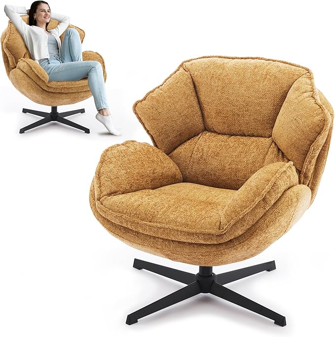 IWMH Swivel Accent Chair for Living Room Upholstered Armchair with Metal Legs Lounge Sofa Chair Comfy Leisure Chairs for Bedroom Reading (Yellow)