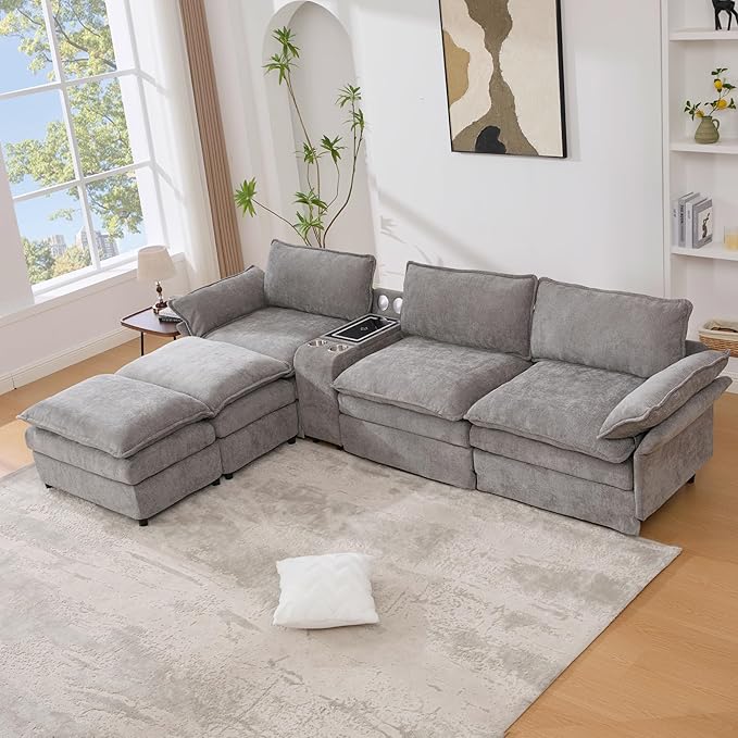 124 Cloud Couch Sectional Modular U Shaped Couch with Movable Ottomans Modern Deep Seat Sofas for Living Room Comfy Chenille Sectionals with Central Console &amp Bluetooth Speakers (Grey)