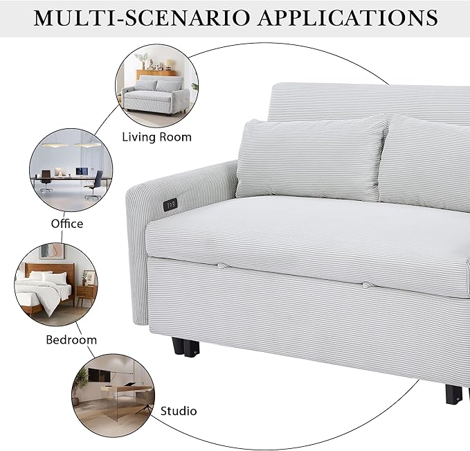 Modern 57.48 Pull-Out Sofa Bed 2 Seater Loveseats Sofa Futon Couch with Adjustable Backrest Convertible Couch Sleeper Sofa with Two Throw Pillows for Living Room (Light BlueCorduroy Fabric)