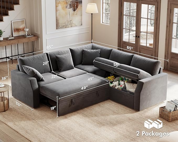PaPaJet Sleeper Bed 85 Inch Oversized Sofa Bed with Storage Seat L Shaped Sofa Couch with Pull Out Bed Sectional Sofa for Living Room Apartment Linen Grey