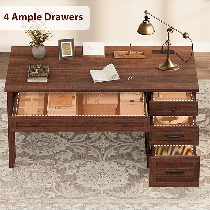 GarveeHome Executive Desk with Drawers Farmhouse Home Office Desk with Charging Station 53.54 in Wooden Computer Desk with File Cabinet Storage for Work Study WritingWalunt Brown