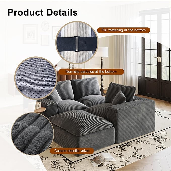 108'' Modular Sectional Sofa with Ottoman Corduroy Cloud Sectional Couches for Living Room High-Back Modern L Shaped Boneless Couch Deep Seat 3 Seater Sofa No Assembly Required Grey