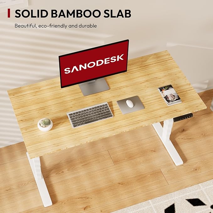 SANODESK 55 Inch 3 Stage Bamboo Electric Standing Desk Dual Motor Height Adjustable Desk Whole-Piece Desktop Sit to Stand Home Office Desk (White Frame/ 55” x 28” Natural Bamboo Top)