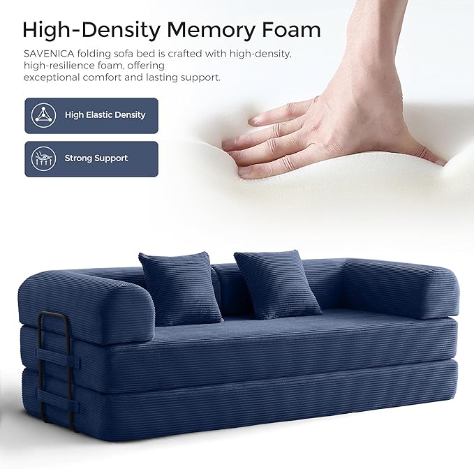 79 Convertible Sofa Bed with Fixed-Shape Frame &amp Removable Armrests Modular Corduroy Sleeper Sofa Folding Mattress Couch for Small Spaces - No Assembly Needed in Navy Blue (Includes 2 Pillows)